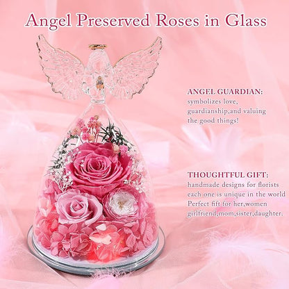 FIACO Gifts for Women Preserved Rose Forever Flower in Glass Angel Figurine Fresh Flowers for Delivery Mothers Day Birthday Gifts for Mom Grandma Wife Sister Pink