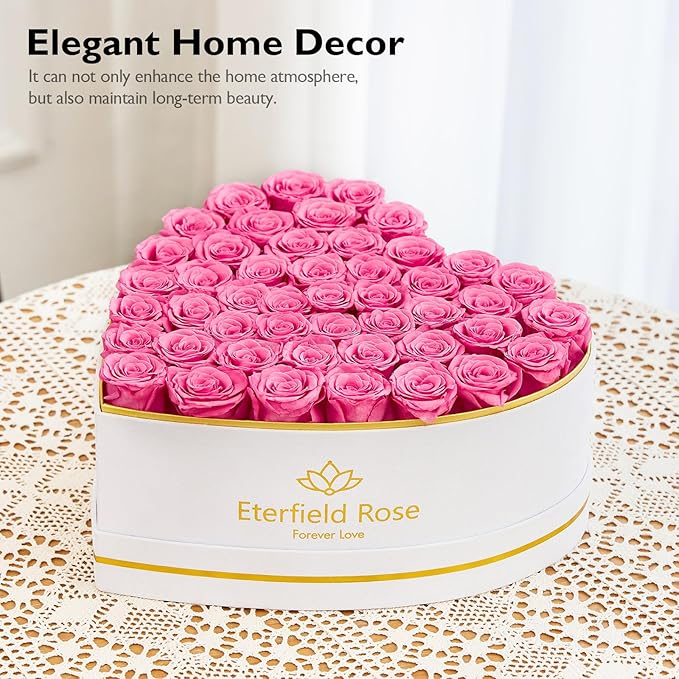 Eterfield Forever Flowers in Heart Shape Box, Preserved Roses That Last a Year Preserved Flowers Birthday for Her Mom Women Wife Valentine's Day Mother's Day (47 Roses, Pink)
