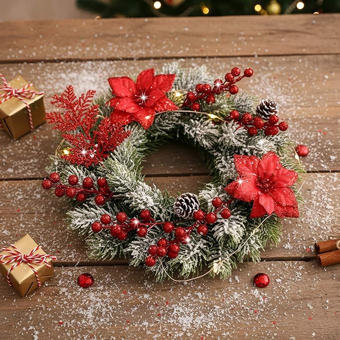 60 Pcs Christmas Glitter Branches 6 Styles Artificial Christmas Picks Berries Stems Poinsettia Flowers Pine Needles Floral Twig Spray for Xmas Tree Ornaments DIY Wreath Garland(Red)