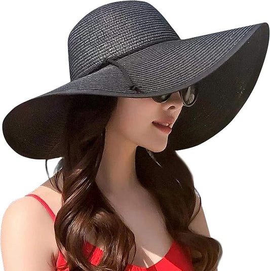 DRESHOW Beach Hats for Women Big Straw Wide Brim Summer Hat Floppy Foldable Roll up Cap Sun Hat UPF 50+