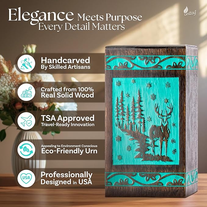 INTAJ Handcarved Rosewood Teal Green Deer Oversized Urn for Human Ashes - 640 lbs Companion Capacity Forest Wooden Cremation Urn Box Burial Funeral Decorative Wildlife Memorial Casket