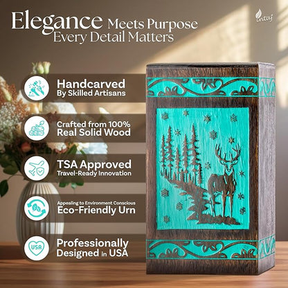 INTAJ Handcarved Rosewood Teal Green Deer Oversized Urn for Human Ashes - 640 lbs Companion Capacity Forest Wooden Cremation Urn Box Burial Funeral Decorative Wildlife Memorial Casket