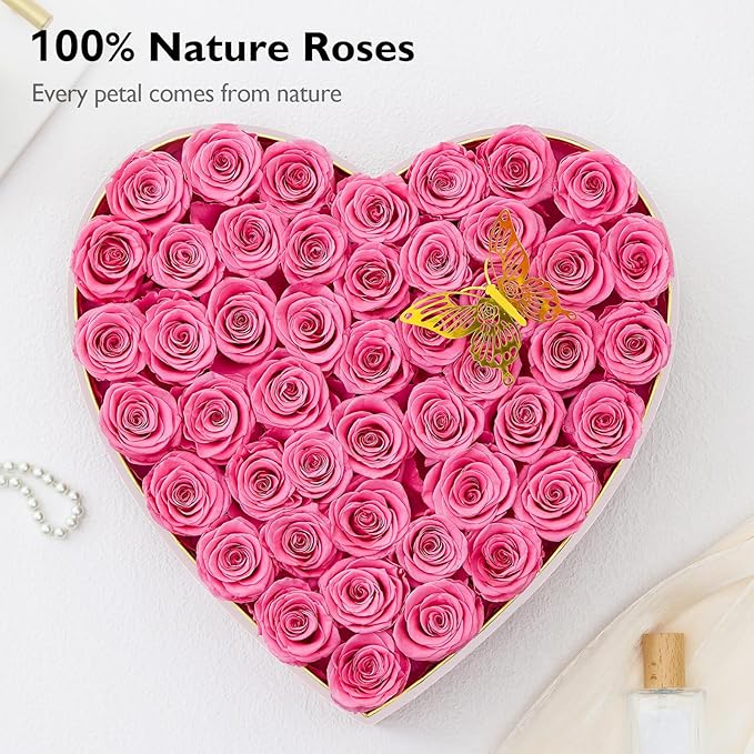 Eterfield Forever Flowers in Heart Shape Box, Preserved Roses That Last a Year Preserved Flowers Birthday for Her Mom Women Wife Valentine's Day Mother's Day (47 Roses, Pink)