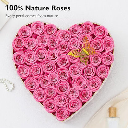 Eterfield Forever Flowers in Heart Shape Box, Preserved Roses That Last a Year Preserved Flowers Birthday for Her Mom Women Wife Valentine's Day Mother's Day (47 Roses, Pink)