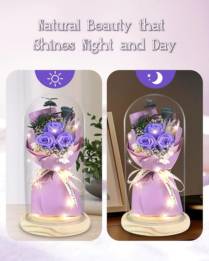 HVY Preserved Flower Bouquet Gift for Her,Forever Fresh Flowers for Delivery Prime Preserved Roses in Glass with LED Light Mothers Day Birthday Gifts for Mom,Wife,Grandma, Purple Rose