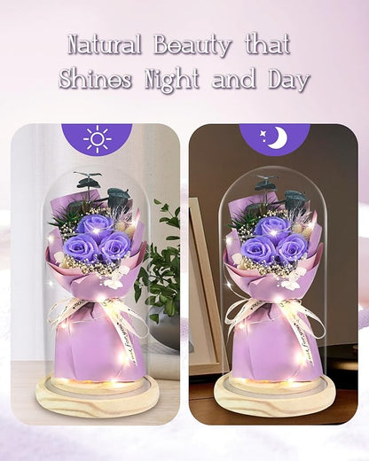 HVY Preserved Flower Bouquet Gift for Her,Forever Fresh Flowers for Delivery Prime Preserved Roses in Glass with LED Light Mothers Day Birthday Gifts for Mom,Wife,Grandma, Purple Rose