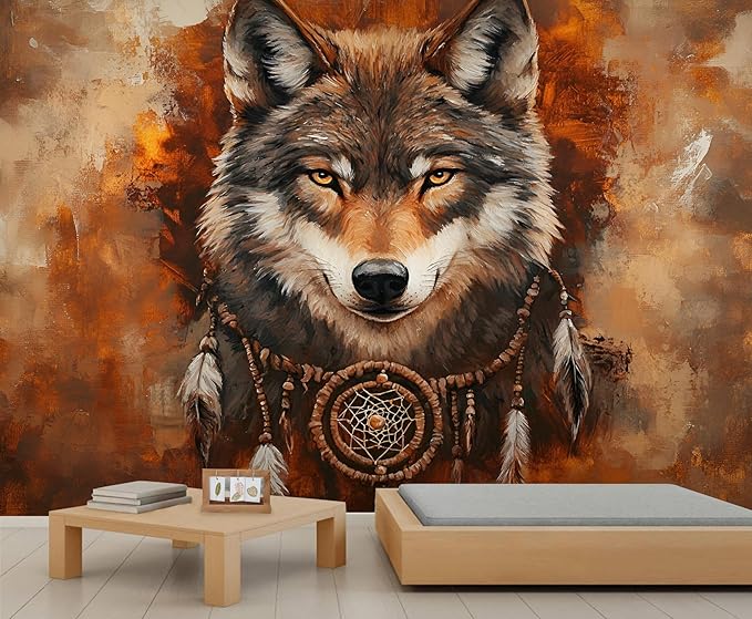 Wolf Dreamcatcher Wall Mural, Tribal Wolf 3D Wall Murals, Feathers Dreamcatcher Animal Totem Wallpaper Mural, for Living Room Bedroom Large Wallpaper Indoor Decor 137.8" W x100 H