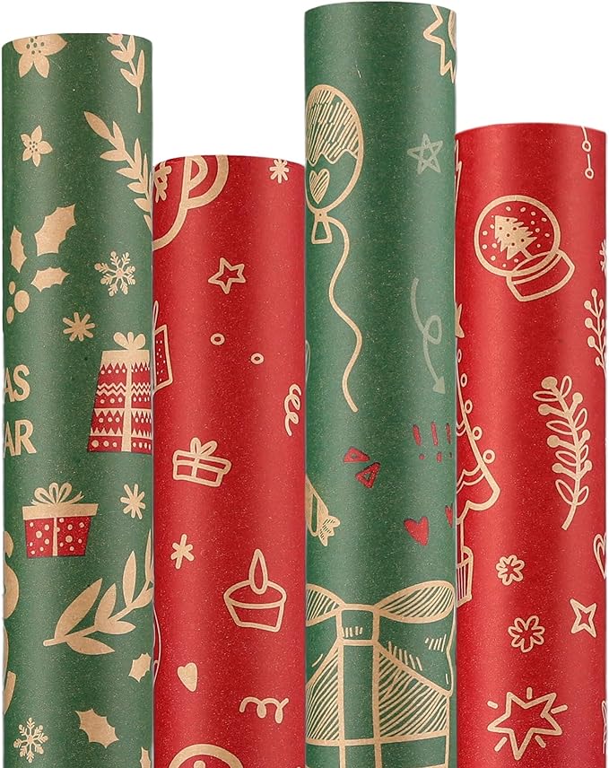 Anvure Christmas Wrapping Paper (4 Rolls: 147.24 sq. ft. ttl.) Kraft Set Featuring Santa Claus, Snowman & Xmas Presents, Red & Green Holiday Designs for Gift Wrap 29.92 Inch X 14.76 Feet Per Roll