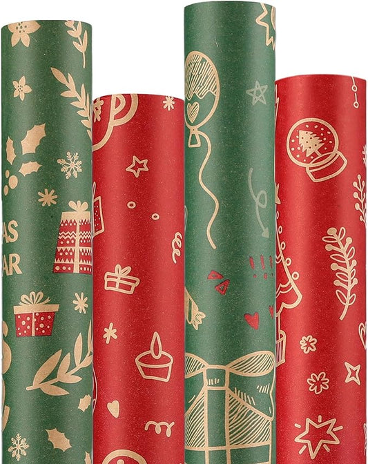 Anvure Christmas Wrapping Paper (4 Rolls: 147.24 sq. ft. ttl.) Kraft Set Featuring Santa Claus, Snowman & Xmas Presents, Red & Green Holiday Designs for Gift Wrap 29.92 Inch X 14.76 Feet Per Roll