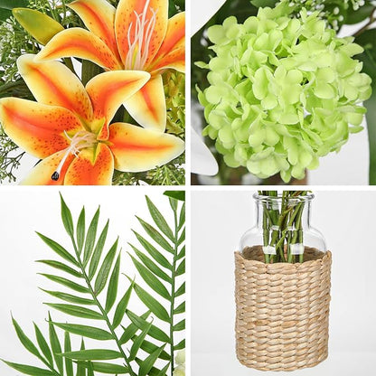 Hollyone Fake Flowers with Vase, Orange Silk Tiger Lily Artificial Flowers in Vase, Faux Plants and Flowers Arrangement Bouquets with Vases for Table Centerpieces Office Bathroom Home Decor