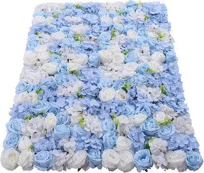 4pcs 3D Artificial Flower Wall Panels - Blue White Backdrop 24 x 16 Inch - Realistic Fake Flower Background Decor for Wedding, Birthday Party and Baby Shower