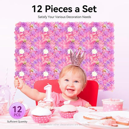12 Pcs White Flower Wall Flowers Backdrop Artificial Flower for Backdrop Flowers Decoration 3D Floral Panels for Wall Decor Home Party Wedding Room Decoration (38x38cm/White+ Purple+ Pink)