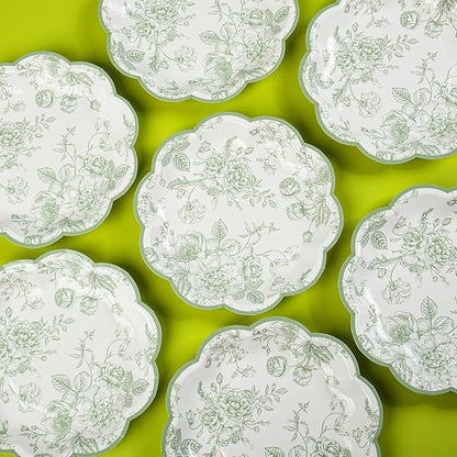 Green Floral Party Plates Vintage Floral Leaf Disposable Paper Plates Wildflower Sage Green Toile 7" Scalloped Rim Dessert Plates for Christmas Birthday Bridal Tea Party Supplies (24)