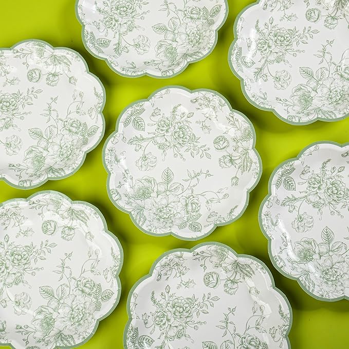 48 Pcs Sage Green Floral Party Plates Vintage Floral Leaf Disposable Paper Plates Wildflower Green Toile 7" Scalloped Rim Dessert Plates for Christmas Birthday Bridal Tea Party Supplies