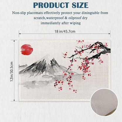 Japanese Cherry Blossom Placemats Set of 4, Sun Fuji Mount Place Mats Heat Resistant Washable Non-Slip Table Mats for Party Kitchen Dining Decor 12x18 Inch