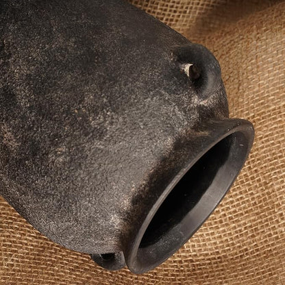 Terracotta Vase 10inch Tall, Farmhouse Distressed Ceramic Pottery, Unique Textured Stoneware Mantel Decoration, Black Boho Vintage Stone Vases for Flowers, Centerpieces, Living Room.
