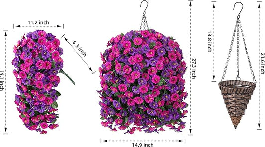 Artificial Fake Hanging Flowers in Basket for Outdoor Indoor Decoration,UV Resistant Faux Silk Dark Purple and Fuchsia Morning Glory Plants Realistic Hanging Planter for Outside Home Porch Yard