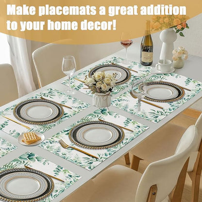 Eucalyptus Leaves Placemats Set of 6, Sage Green Linen Place Mat Washable Stain Resistant Table Mats for Farmhouse Kitchen Dining Party Wedding Decor 12x18 Inch