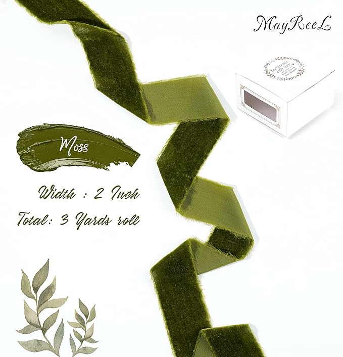 MAYREEL 2 Inch Moss Green Velvet Ribbon Hand Torn Olive Silk Frayed Edge for Bridal Bouquets Invitations Wedding Vow Books Gift Baskets Hair Bows 3 Yards