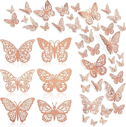 144 Pcs Rose Gold Butterfly Stickers 3D Butterflies Wall Decals Glitter 6 Styles and 3 Sizes Decorative Wall Stickers Butterfly Party Decorations, Butterflies for Cake Decorating
