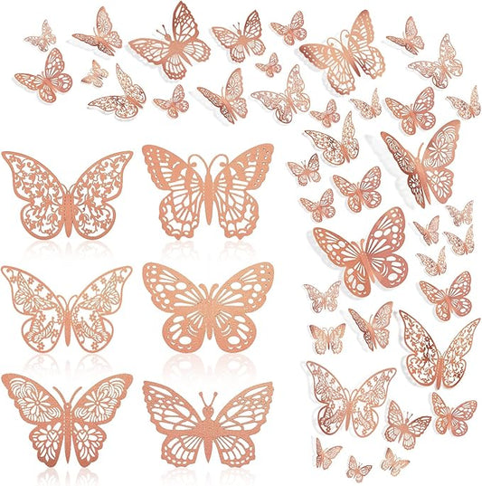 144 Pcs Rose Gold Butterfly Stickers 3D Butterflies Wall Decals Glitter 6 Styles and 3 Sizes Decorative Wall Stickers Butterfly Party Decorations, Butterflies for Cake Decorating