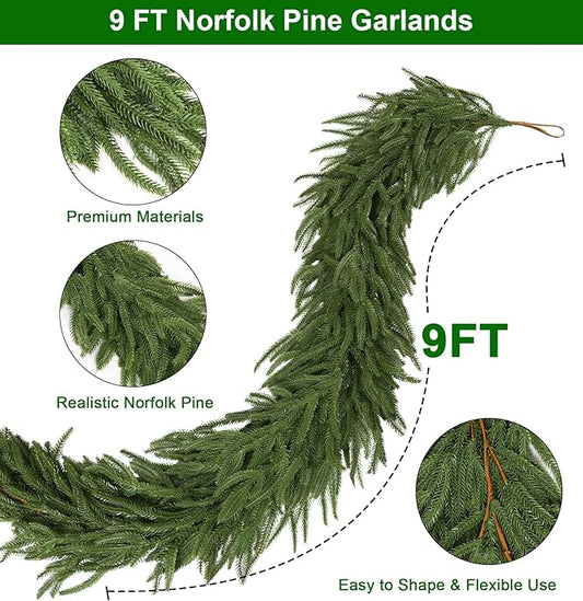 9ft Artificial Christmas Garland, Realistic Norfolk Pine Greenery Garland for Fireplace Mantel, Table, Doorframe, Indoor Outdoor Xmas Holiday Decoration, Real Touch Full Cedar Pine Garland