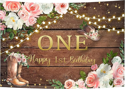 SVBright Cowgirl First Birthday Backdrop 8Wx6H Western Rustic Country Retro Wooden Plank Pink Flower Wood Hat Happy Birthday Baby Shower Decorations Photography Background Banner Photo Booth Studio