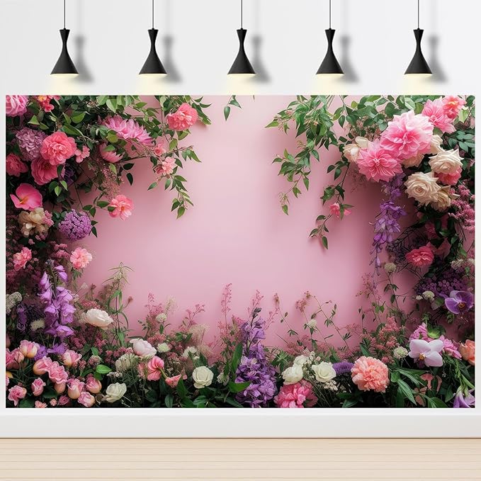 Flowers Photography Backdrop Colorful Flowers Composition Green Leaves on Pink Background for Girls Kids Children Wall Banner Cake Table Decoration Video Studio Photo Portrait Props 9x6ft