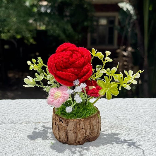 Handmade Crochet Rose Bouquet Knitted Creative Potted Plant Cute Home Desktop Decorations and Gifts for Friends, Lovers, Classmates (Red Roses)