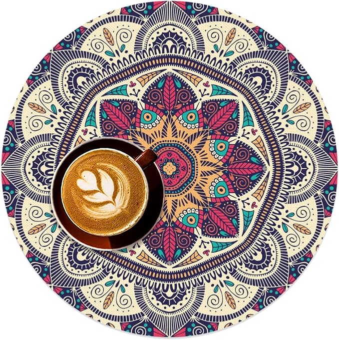 Mandala Round Placemat Set of 4 Elegant Linen Table Mats for Dining, Heat Resistant, Stain Resistant Perfect for Dinner Parties, Restaurants, and Everyday Use