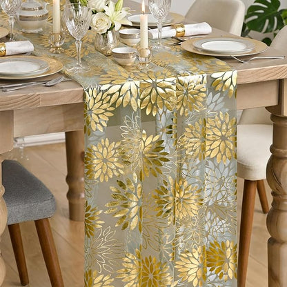 Artoid Mode Sage Green Gold Dahlia Flower Gauze Table Runner 120 Inch 10FT, Glitter Metallic Foil Sheer Cheesecloth Dining Holiday Table Decor for Home Party