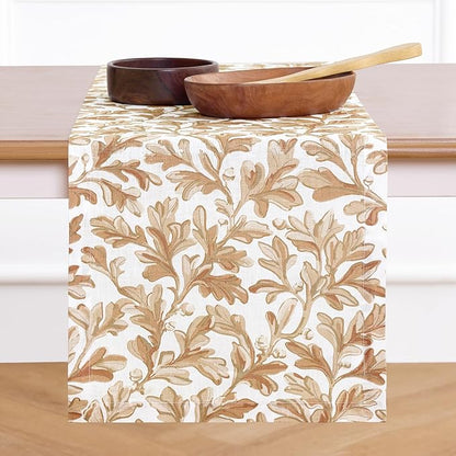 Solino Home 100% Pure Linen Fall Table Runner 132 Inches Long - Floral Print Table Runner 14 x 132 Inch for Autumn - Handcrafted and Machine Washable - Fallen Leaves Print