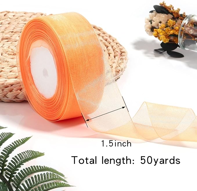 1.5 inch Sheer Organza Ribbon Orange Chiffon Ribbon for Gift Wrapping Christmas Halloween Decoration Wedding Bouquet Crafts 50 Yards
