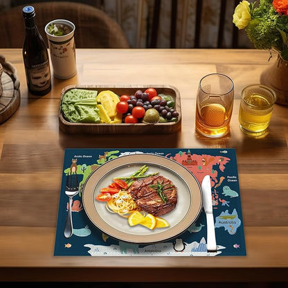 Map of The World Placemats Set of 4, Cute Animals Place Mats Non-Slip Heat Resistant Washable Placemat for Party Kitchen Dining Table Decoration Indoor Outdoor 12x18 Inch