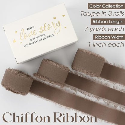MEEDEE Taupe Chiffon Ribbon 1 Inch Brown Frayed Ribbons Brown Chiffon Silk Fringe Ribbon Thin Chiffon Ribbons for Crafts, Gift Wrapping, Wedding Invitation (3 Rolls 21 Yards)