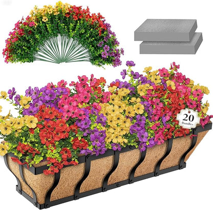Railing Planter Boxes with Faux Flowers, Adjustable Balcony Planters for Railing Hanging, UV Sun Resistant Colorful Daisy for Porch Patio Balcony Home (1 Pack, 24 Inch)