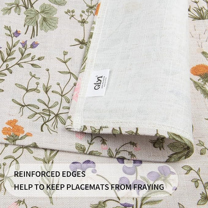 QIYI Boho Placemats Set of 4, 12x18 Inch Linen Fabric Floral Place Mats for Kitchen Dinning, Farmhouse Rustic Cloth Table Mats, Washable Placemat Botanical Party Table Décor, Wildflowers Herbs