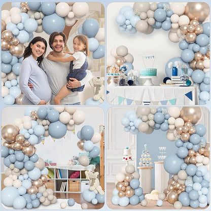 Amandir 153pcs Dusty Blue Balloon Arch Garland Kit, Different Sizes 18 12 10 5 inch White Sand Beige Cream Champagne Fog Baby Blue Balloons for Boy Baby Shower Birthday Bridal Wedding Party Decoration
