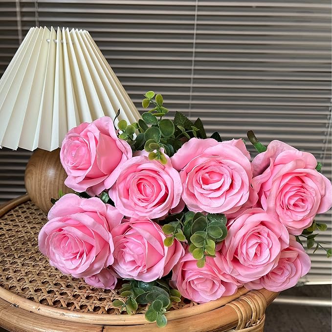 Nubry Artificial Silk Rose Flower Bouquet Lifelike Fake Rose for Wedding Home Party Decoration Event Gift 10pcs (Pink)
