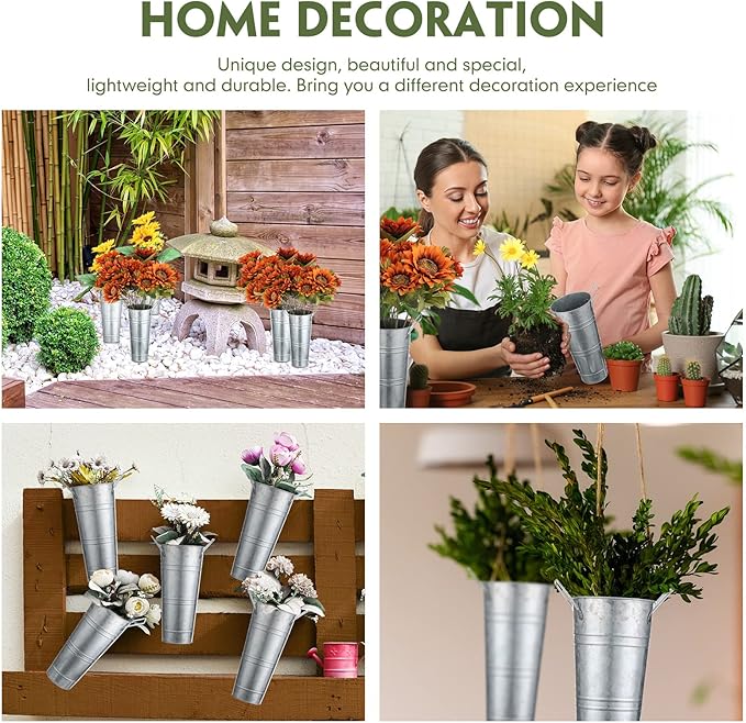 Chumia 12 Pcs Galvanized Flower Bucket 9 Inch Metal Vase Farmhouse Rustic French Flower Bucket with Handles for Home Floral Centerpiece Container Wedding Table Decor(Matte Silver)