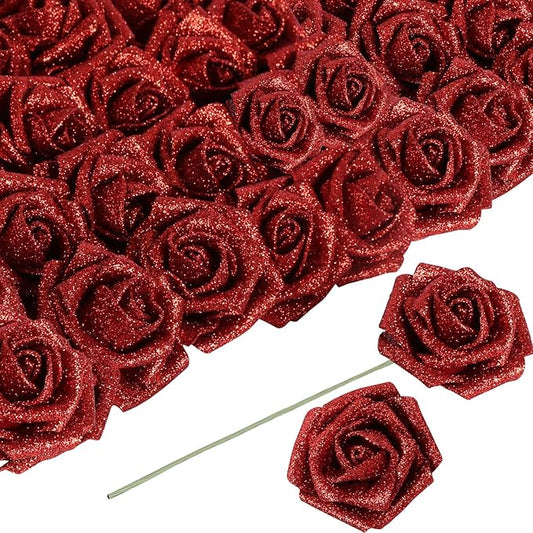 Artificial Flowers 30 pcs Red Glitter Roses Artificial Flowers with Stem, 2.36 in/6 cm Glitter Foam Roses Fake Flowers for DIY Wedding Bouquets Party Home Decor(Red)