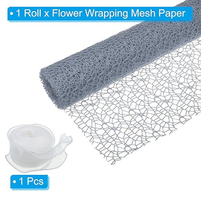 PATIKIL Flower Wrapping Mesh Paper, 15ft Floral Bouquet Craft Packaging Hollow Net Yarn with Ribbon for Flowers Gift Packaging, Grey Blue
