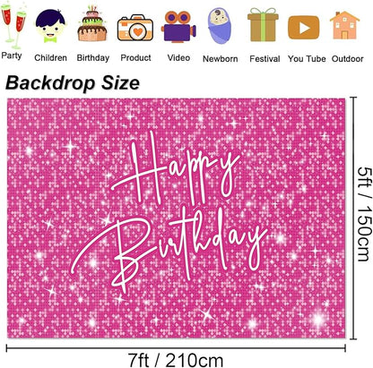 Happy Birthday Decoration for Women Shiny Pink Neon Party Backdrop Glitter Banner for Girl Princess Party Table Wall Decorations Pink Sparkle Birthday Photo Booth Studio Background 7x5ft