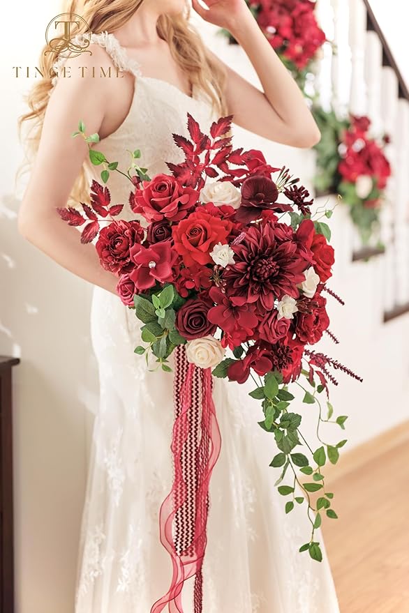 TINGE TIME 15 Inch Artificial Wedding Bouquets for Bride, Cascading Bouquet Wedding Bride Holding Flowers for Wedding Ceremony Anniversary, Bridal Shower and Party (Burgundy Red)