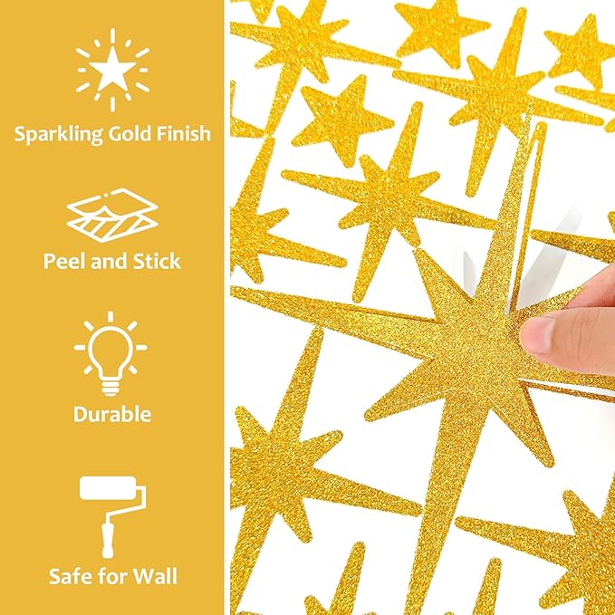 AOWDIAO Glitter Gold Star Peel and Stick Wall Decals - 120 Pcs, Assorted Shapes & Sizes for Room Decor