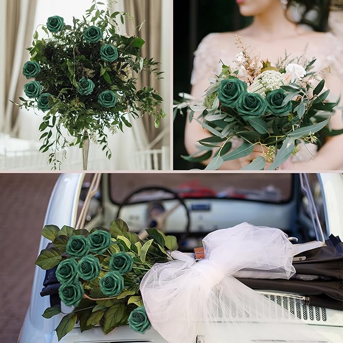 Artificial Flowers 50Pcs Peacock Green Roses Real Looking Foam Fake Roses with Leaves and for DIY Wedding Bouquets Bridal Shower Centerpieces Party Decorations (Peacock Green, 50)