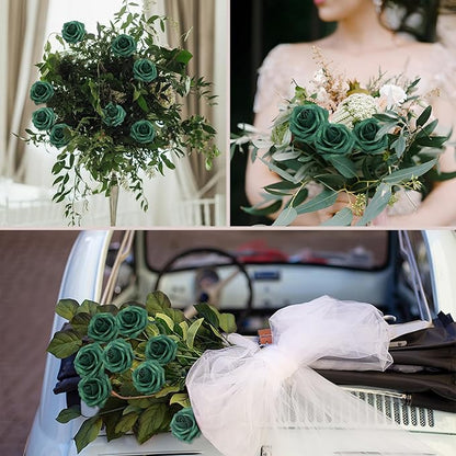 200Pcs Peacock Green Artificial Flowers Roses Real Looking Foam Fake Roses with Leaves for DIY Wedding Bouquets Bridal Shower Party Decorations (Peacock Green, 200)