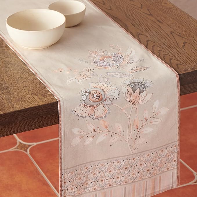 Maison d' Hermine Tablerunners 100% Combed Cotton Premium Decorative Tablerunner Table Cover, Dinner, Wedding & Dining, Society Florals, Double Layer - (14.50"x72")