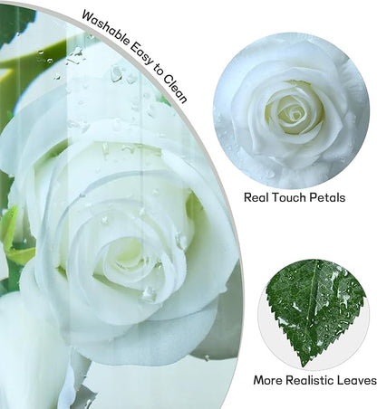 White Fake Flowers for Wedding Decor,Realistic Artificial Flowers Indoor 5 Bouquets（15 Heads） for Room Decor,Real Touch Fake Roses for Bathroom Garden Kitchen Cake Bride Centerpieces Backdrop Decor