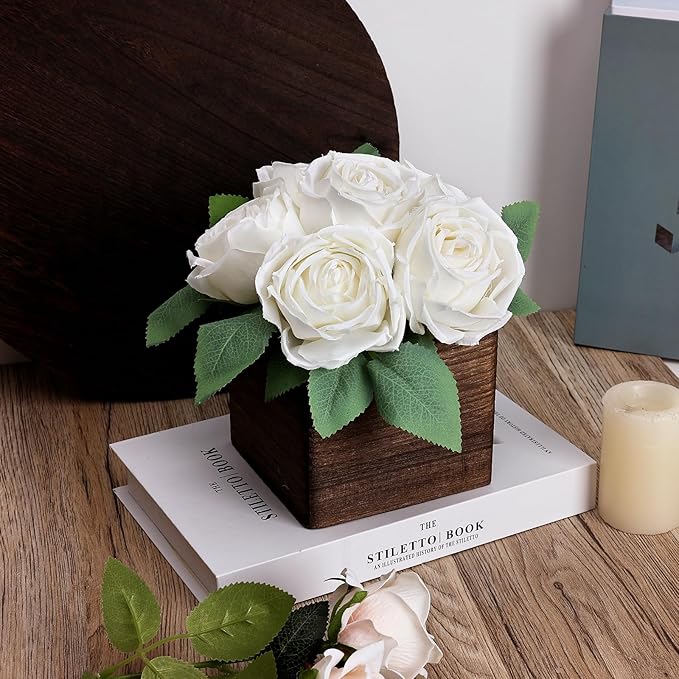 Dining Table Centerpiece Set of 6 - Pre-Made Aritifial Rose with Wooden Vase Fake Floral Arrangment Faux Flower for Wedding Bridal Tea Party Event Decorations - White